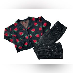 Girls Strawberry Print Cardigan and Sparkle Pants Set SIZE XL (14-16)